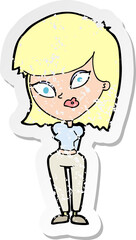 retro distressed sticker of a cartoon confused woman