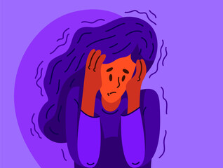Young woman feeling stressed and uncomfortable, vector illustration of a person having mental disorder panic and anxiety, psychological problems. - obrazy, fototapety, plakaty