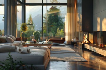 Comfortable living room with a warm fireplace, perfect for home decor blogs or interior design projects