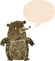 cartoon bear with speech bubble in grunge distressed retro textured style