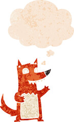 cartoon wolf with thought bubble in grunge distressed retro textured style