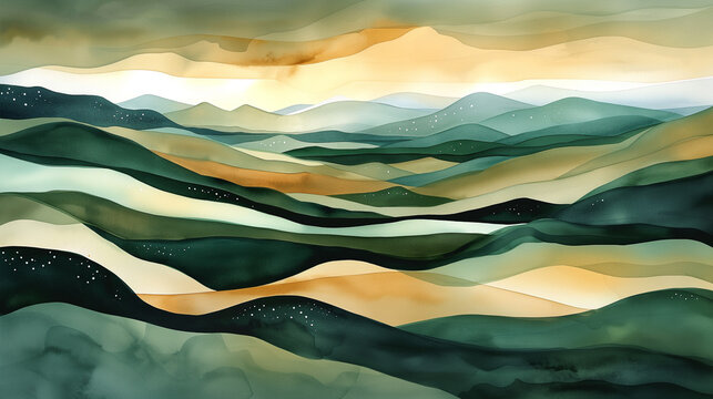 Earthy Toned Watercolor Abstract with Wavy Layers and Speckled Details