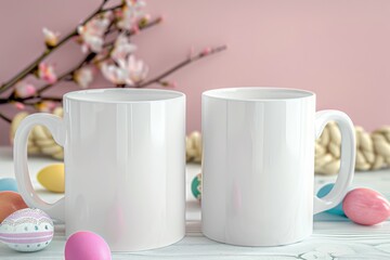 Free Photo of white mug mockup background with pink easter eggs night