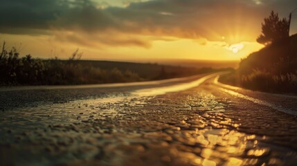 A wet road with a beautiful sunset in the background. Perfect for travel and nature themes
