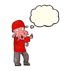 cartoon alien man with thought bubble