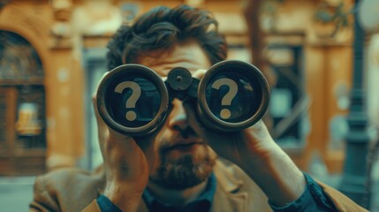 A man looking through a pair of binoculars, suitable for exploration concepts - obrazy, fototapety, plakaty