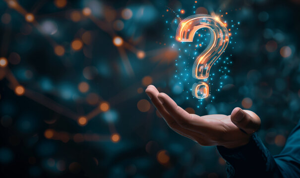 hand of Businessman hold virtual question mark	
