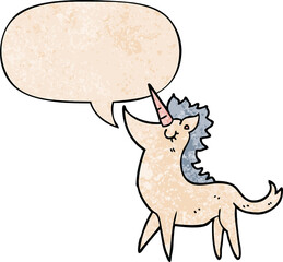 cartoon unicorn with speech bubble in retro texture style
