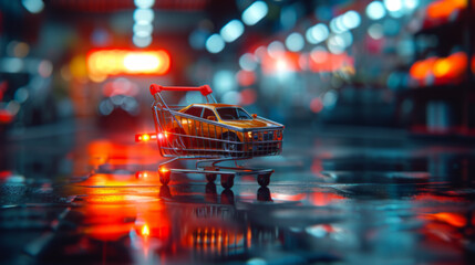 Conceptual Image of a Miniature Car in a Shopping Trolley - obrazy, fototapety, plakaty