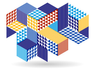 Abstract vector wallpaper with 3D isometric cubes blocks, geometric construction with blocks shapes and forms, cubic polygonal low poly theme.