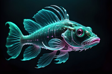 A fluorescent fish swimming in the darkness of the ocean depths.