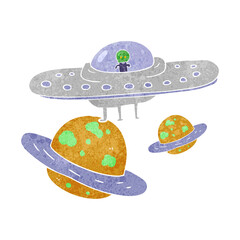 freehand retro cartoon flying saucer in space