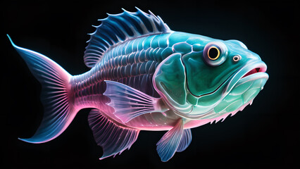 A fluorescent fish swimming in the darkness of the ocean depths. - obrazy, fototapety, plakaty