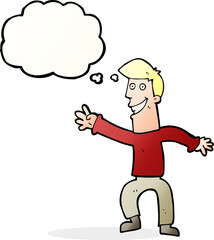 cartoon happy man dancing with thought bubble