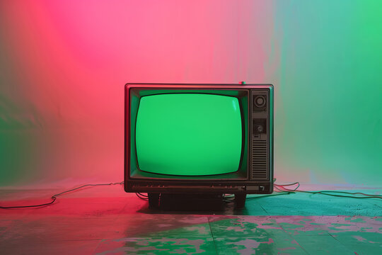 Vintage green TV isolated on gradient pink and green neon background