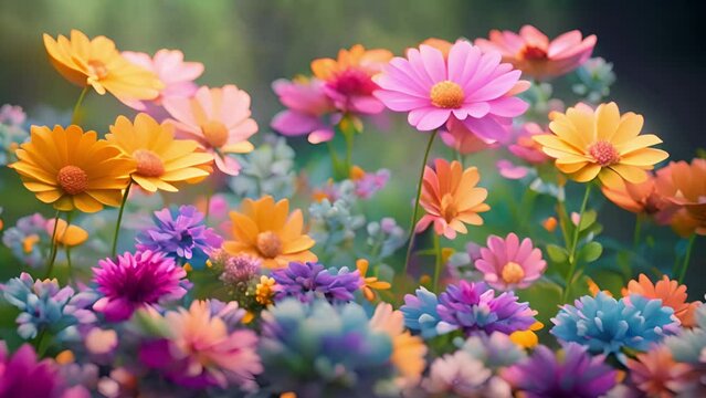 kawaii flower field colorful spring. Cute happy flowers, spring floral nature border. Kids kawaii plants 4k video colorful