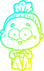 cold gradient line drawing of a cartoon happy old woman