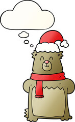 cartoon bear wearing christmas hat with thought bubble in smooth gradient style