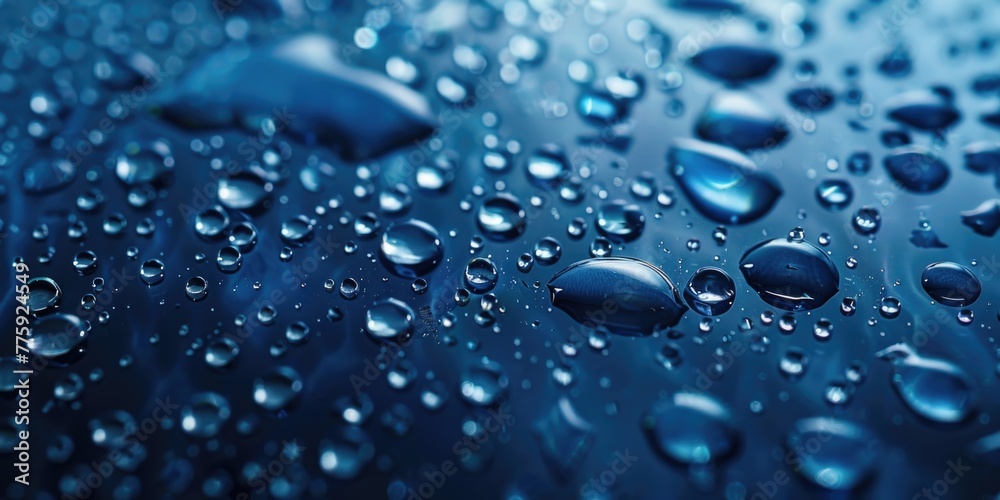 Poster close up of water droplets on a blue surface, suitable for various design projects