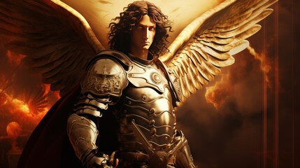 Archangel Michael with wings in knight armor with sword rises in sky. Saint Michael Archangel with long hair protects calm and good from evil impure forces by standing in battle readiness in sky - obrazy, fototapety, plakaty