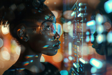 Young black woman looking at holographic digital display, futuristic technology, innovation - obrazy, fototapety, plakaty