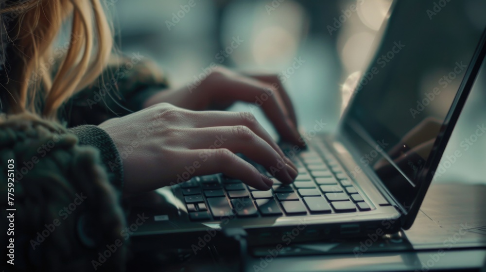 Poster close up of a person typing on a laptop. perfect for technology concepts