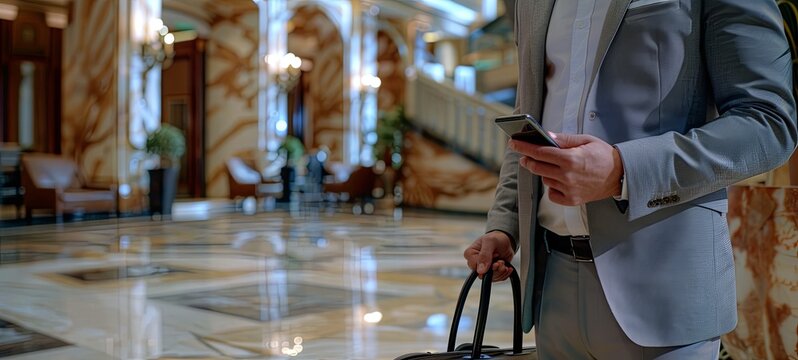 businessman in hotel lobby with mobile phone and luggage. Male business traveler. holds a smartphone with emphasis on his hands. shallow depth of field. generative ai