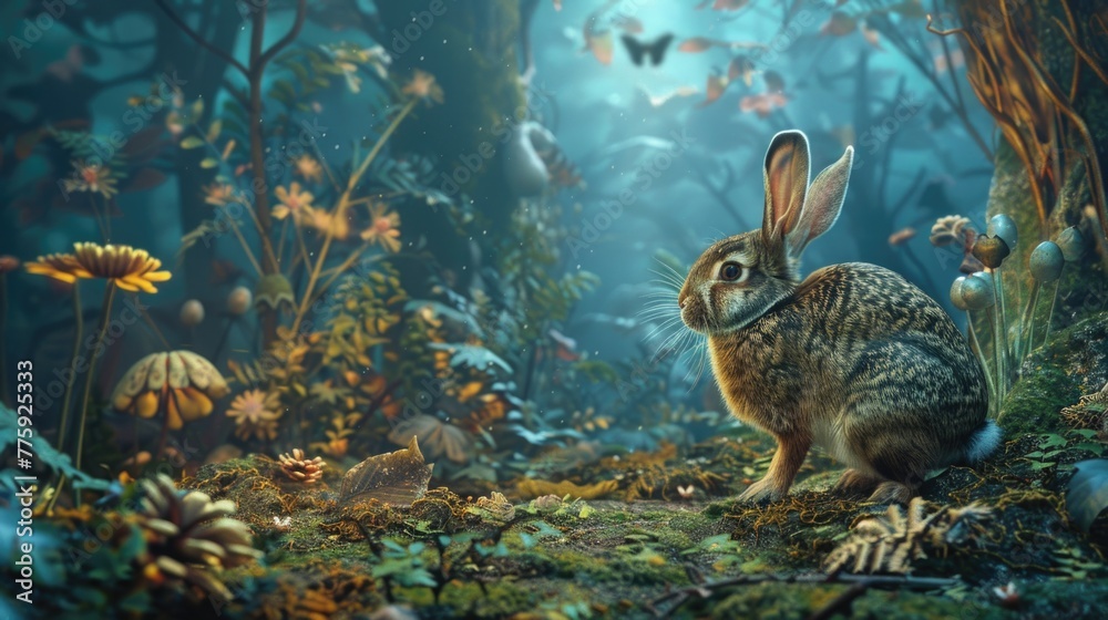 Poster a rabbit sitting in the middle of a forest. suitable for nature and animal themes