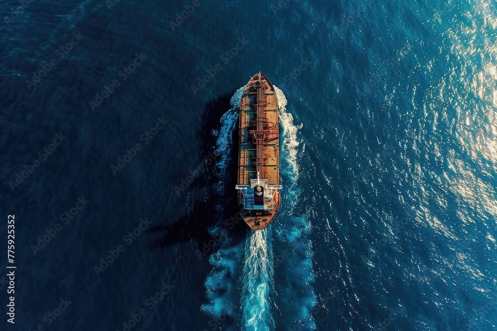 Poster aerial view of a large ship in the ocean. suitable for travel brochures