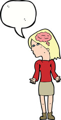 cartoon clever woman shrugging shoulders with speech bubble