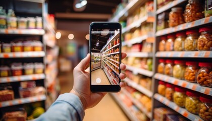 hand holding mobile smart phone on Supermarket blur background, business concept. - obrazy, fototapety, plakaty