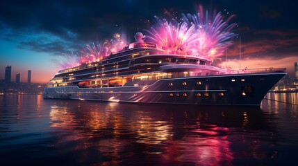 Luxury cruise ship and fireworks. Panoramic view.