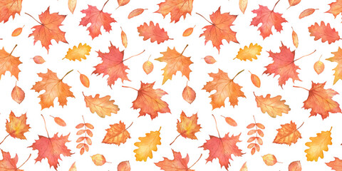 Watercolor seamless pattern with autumn falling leaves. Autumnal orange maple leaves