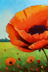 Field poppy .Watercolor painting on canvas. Artistic brush stroeks . Pattern for printing on wall decorations, covers. Generated by Ai