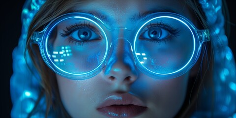 Close up view of blue eye in glasses with futuristic holographic interface to display data. Portrait of beautiful young woman, half of face. Augmented reality, future technology, internet concept.