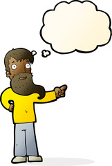 cartoon man with beard pointing with thought bubble