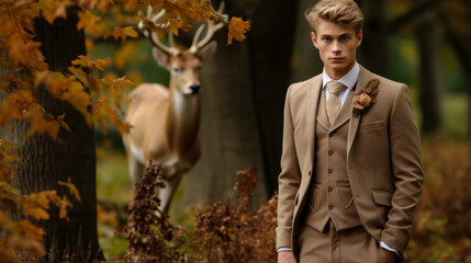 Imagine a debonair deer in a velvet smoking jacket, accessorized with a silk cravat and a monocle. Amidst a backdrop of autumn foliage, it exudes woodland charm and refined taste. The vibe: rustic and - obrazy, fototapety, plakaty