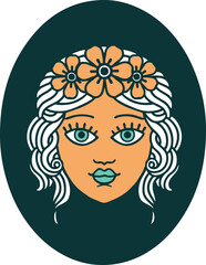 iconic tattoo style image of a maiden with crown of flowers