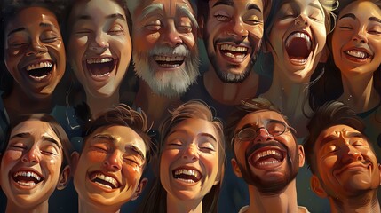 A collection of diverse facial expressions, ranging from quiet contemplation to joyful laughter, each capturing a unique moment of human emotion and connection. - obrazy, fototapety, plakaty