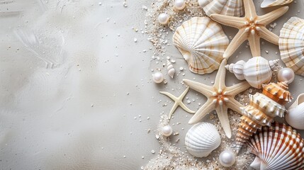 pearl, sea shells, and starfish on a sand background with space for text. Summer beach concept.