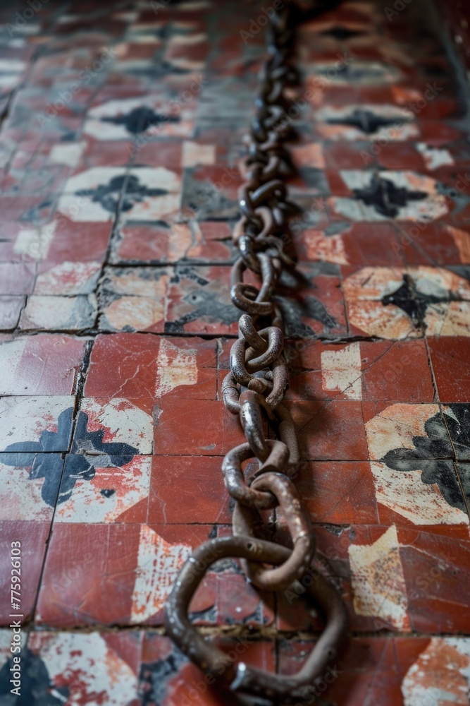 Poster a large chain on a tiled floor, suitable for industrial or security concepts
