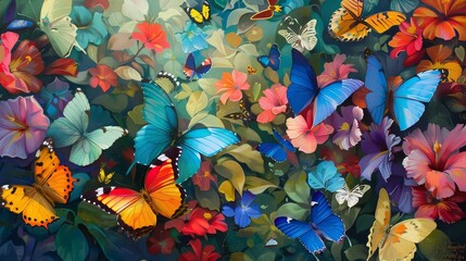 A colorful array of tropical butterflies, their delicate wings fluttering as they alight on vibrant blossoms in a lush garden bursting with life.
