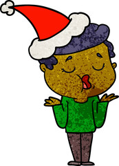 hand drawn textured cartoon of a man talking and shrugging shoulders wearing santa hat