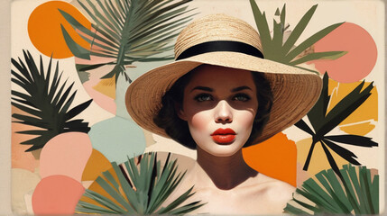 Abstract collage art composition of woman portrait and summer vacation elements, wallpaper modern...