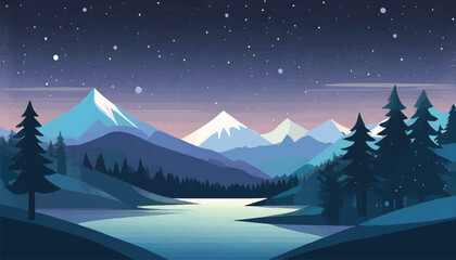 Fototapeta na wymiar Mountain and Lake Scene: A Vector Illustration of Nocturnal Serenity