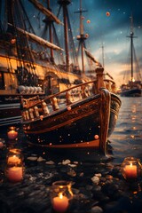 Pirate ship in the sea with candles in the foreground. Vintage style.