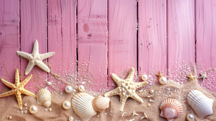 pearl, sea shells, and starfish on a pink wooden background with space for text. Summer beach concept.