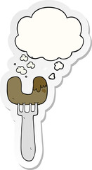 cartoon sausage on fork with thought bubble as a printed sticker
