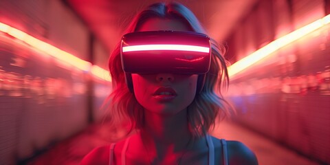 Female using VR helmet. Augmented reality, future technology, game concept. Red neon light. Futuristic holographic interface to display data.