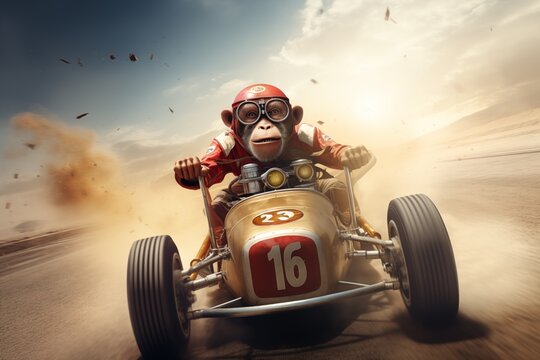 speedy monkey racer in vintage car number 16 racing through desert dust